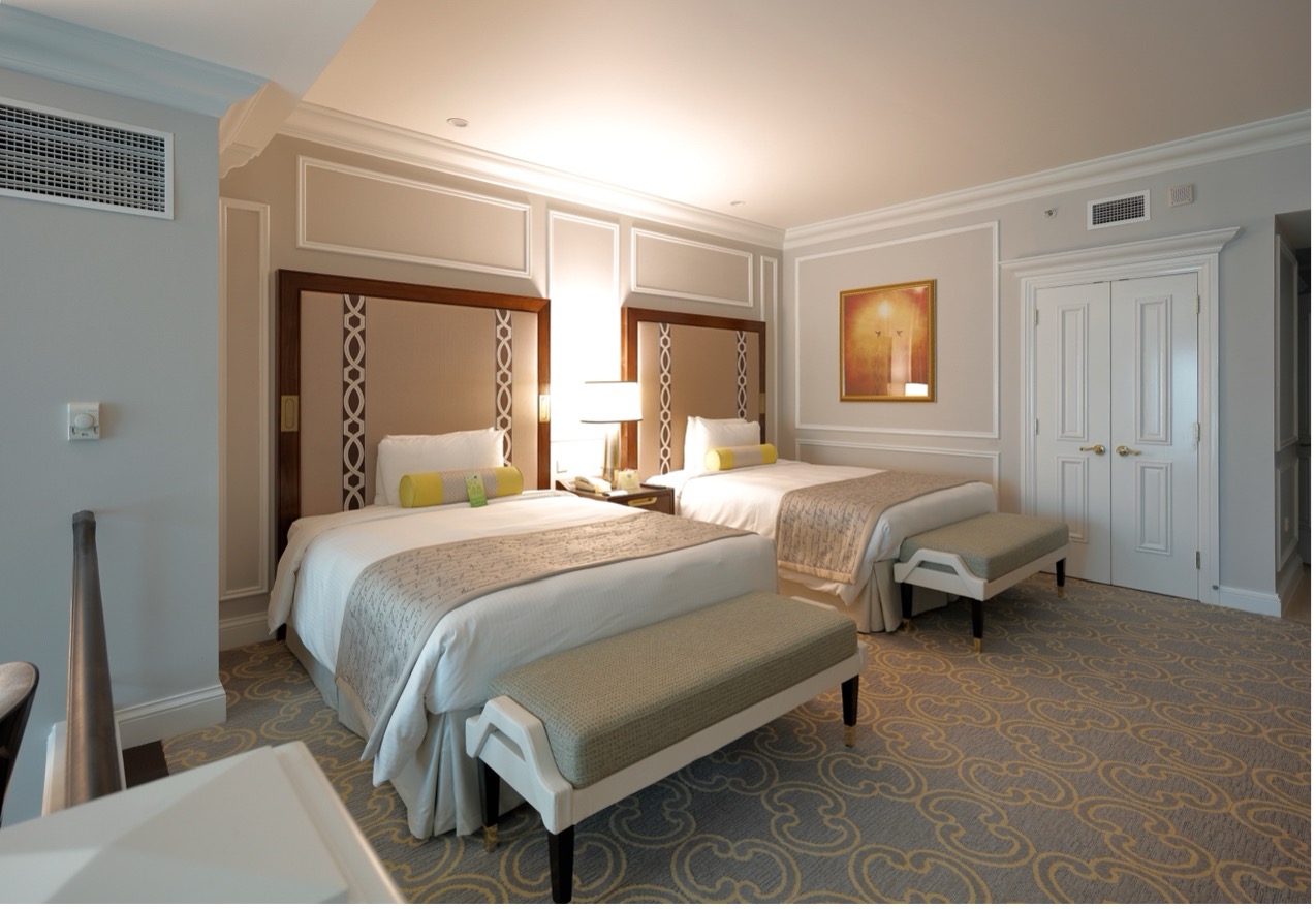 Hotel bedroom FF&E layout with bed dimensions